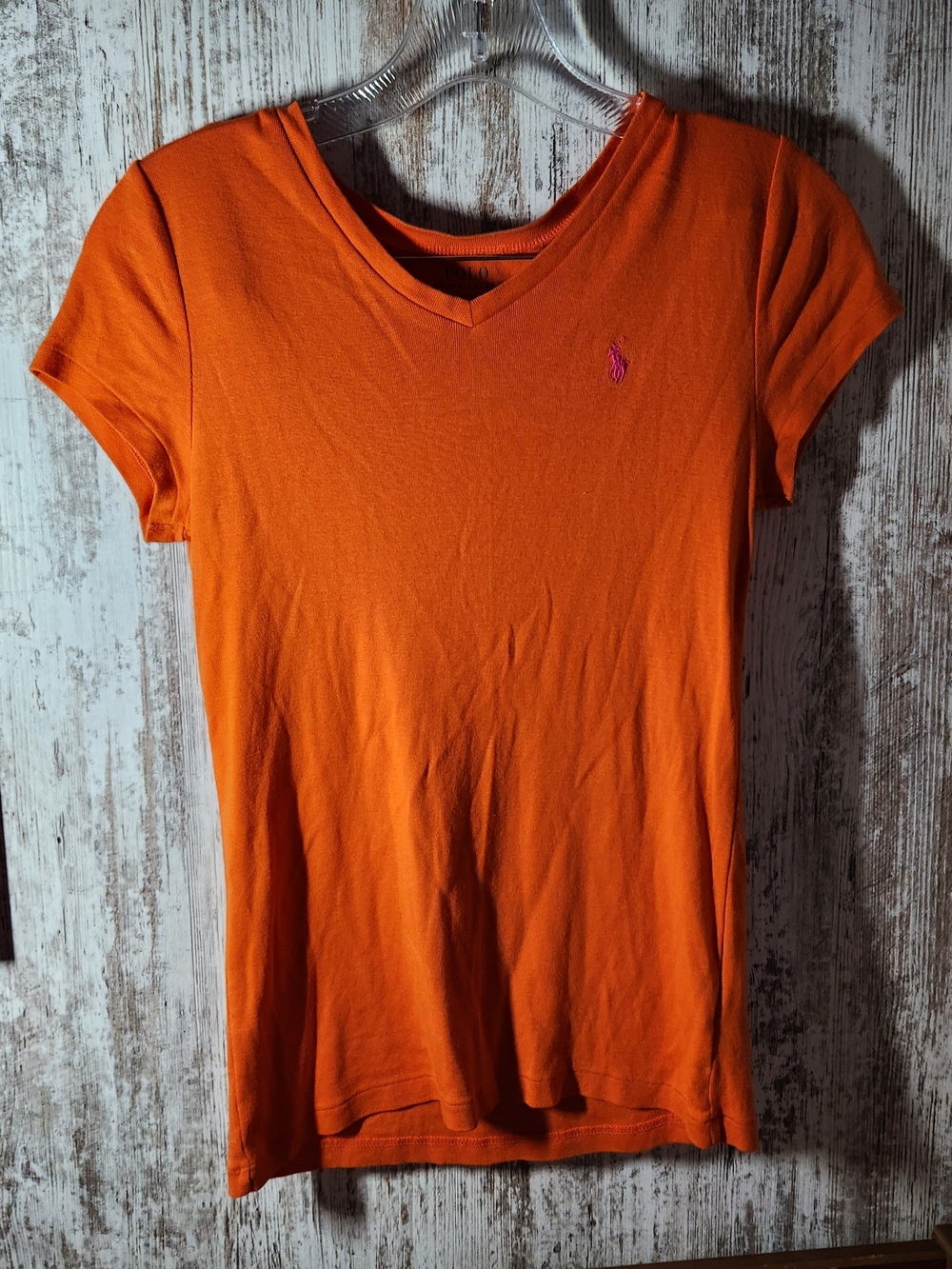 Ralph Lauren Women's Slim Fit Orange V-Neck Short Sleeve Tee XL (16) Pink Logo